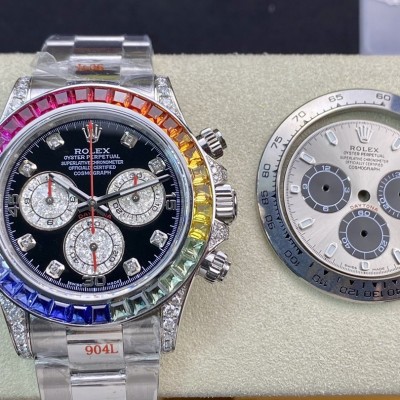 改裝專案: N廠勞力士4130機芯灰迪改彩虹迪 迪通拿 表殼真鑽 彩虹寶石圈口 碎鑽錶盤