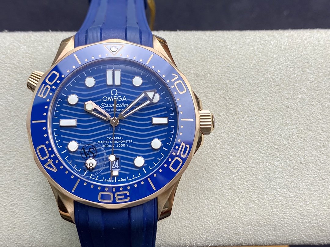 VS廠手錶仿表歐米茄首枚尊享版海馬300米全玫瑰金藍盤複刻手錶,N廠手錶